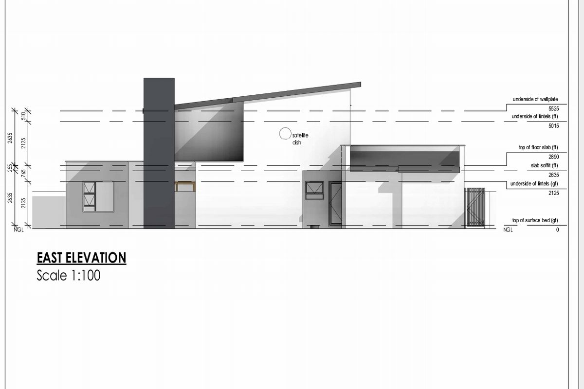 Architectural east elevation drawing showing the building facade, roofline, and structural height measurements.