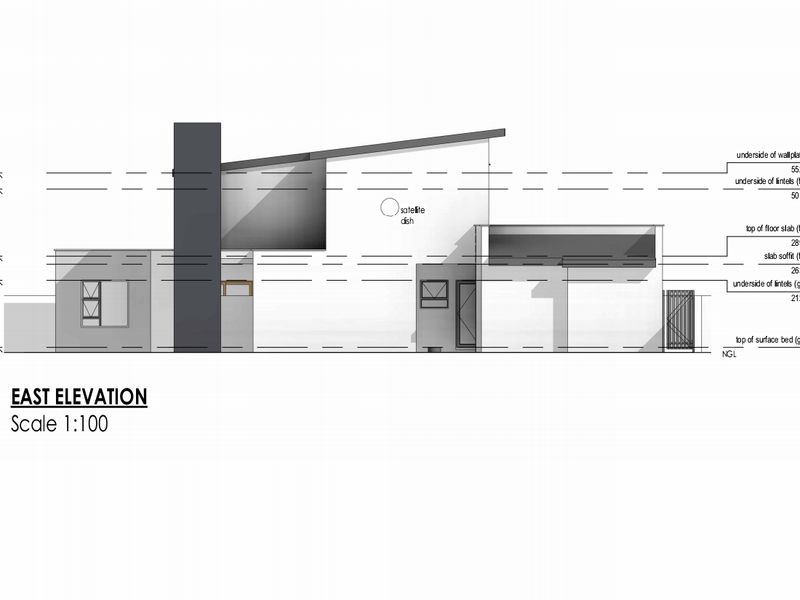 Architectural east elevation drawing showing the building facade, roofline, and structural height measurements.