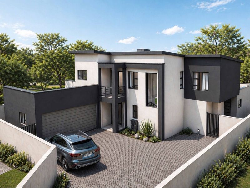 A modern two-story residential home featuring a sleek facade, paved driveway, and an integrated double garage within a secure boundary wall.