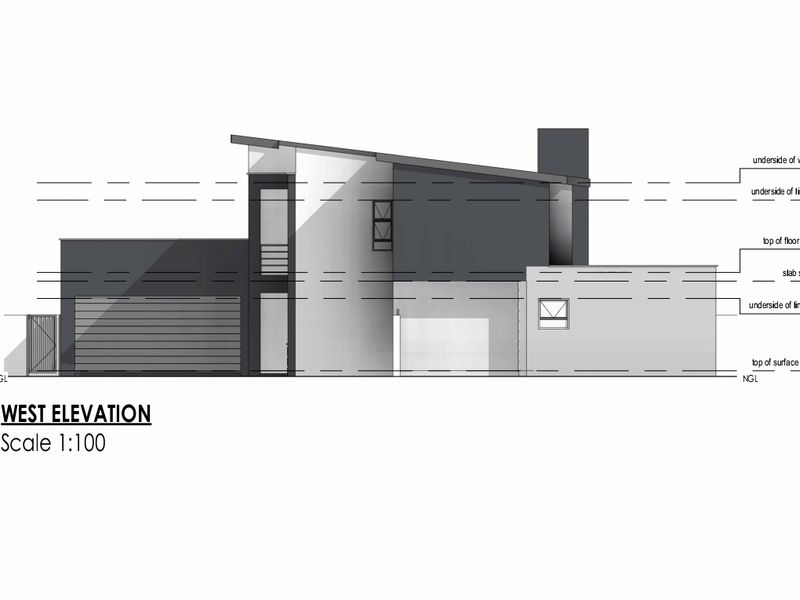 Architectural west elevation drawing showing the building facade, roofline, and structural dimensions.