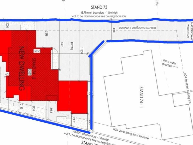A site plan diagram showing the proposed new dwelling footprint on Stand 73, including boundary lines, building lines, and driveway access.
