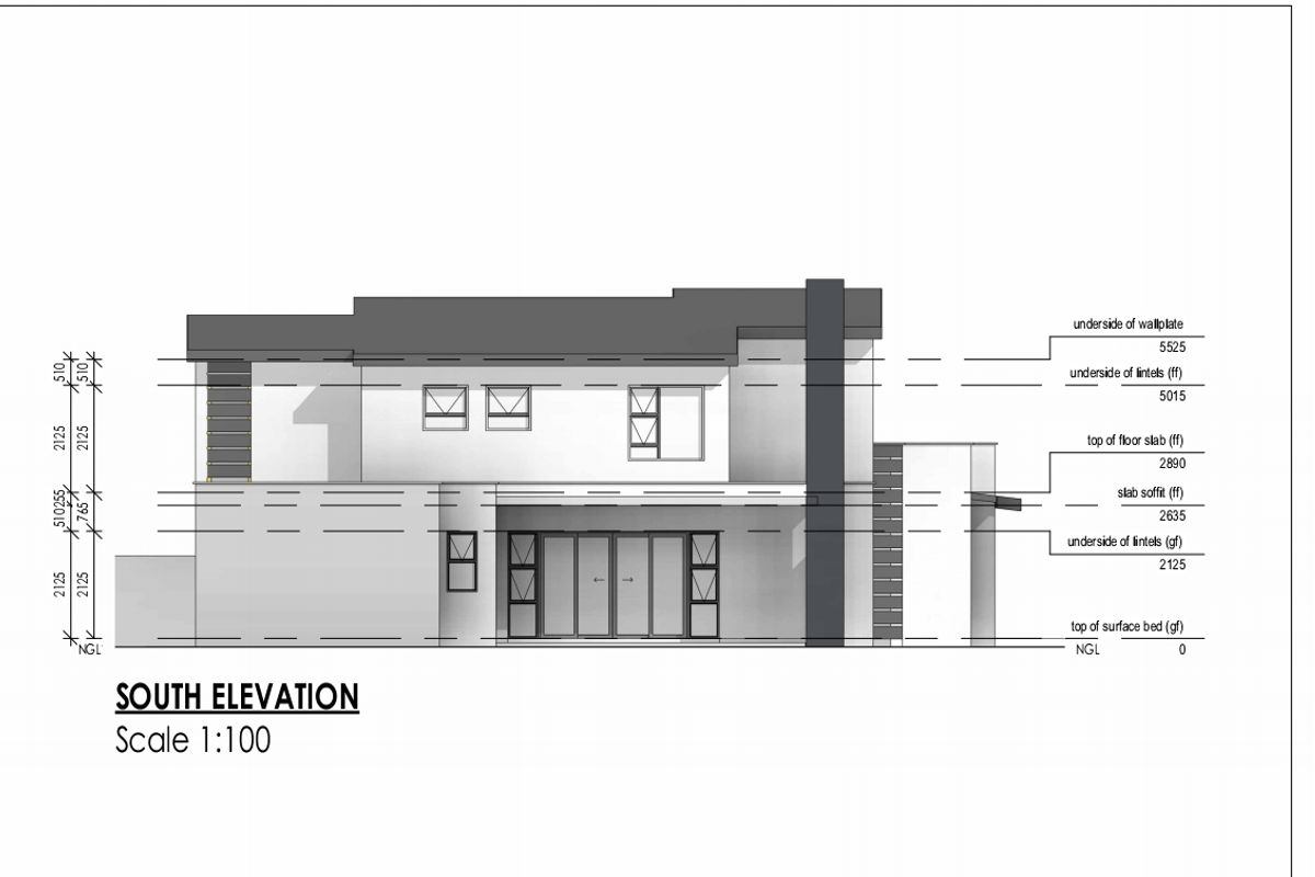 Architectural south elevation drawing showing the proposed building facade, window placements, and structural height measurements.