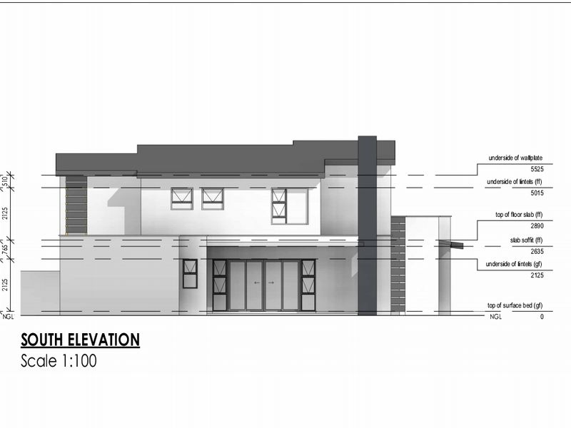 Architectural south elevation drawing showing the proposed building facade, window placements, and structural height measurements.