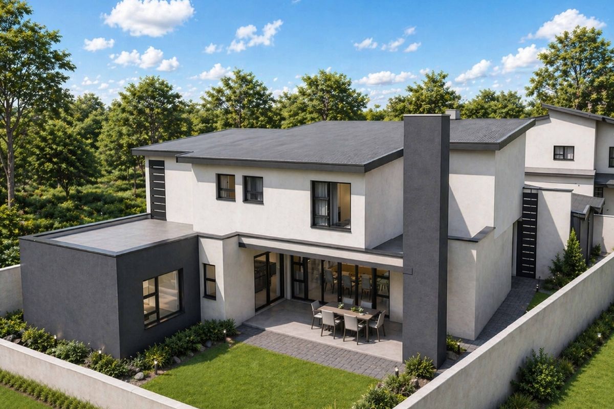 Rear view of a modern two-story house featuring a covered patio, paved terrace, and a well-maintained garden with a prominent chimney stack.