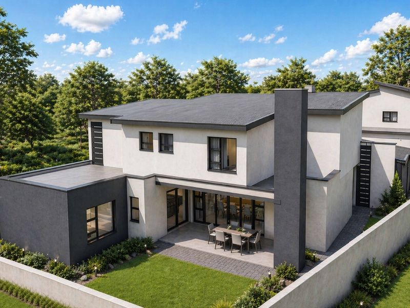 Rear view of a modern two-story house featuring a covered patio, paved terrace, and a well-maintained garden with a prominent chimney stack.