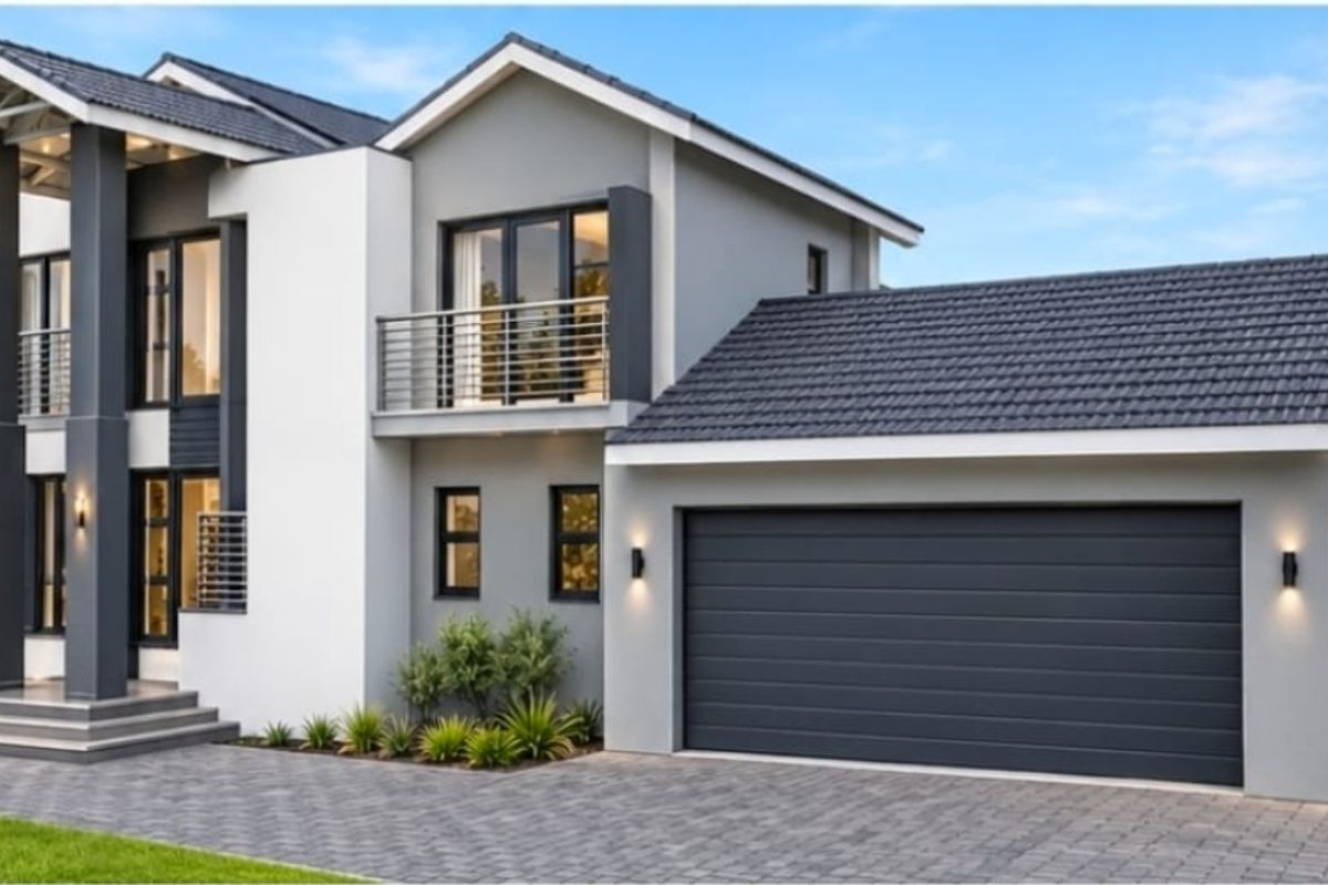 Modern double-story residential home featuring a contemporary facade, tiled roof, integrated double garage, and a private balcony with metal railings.
