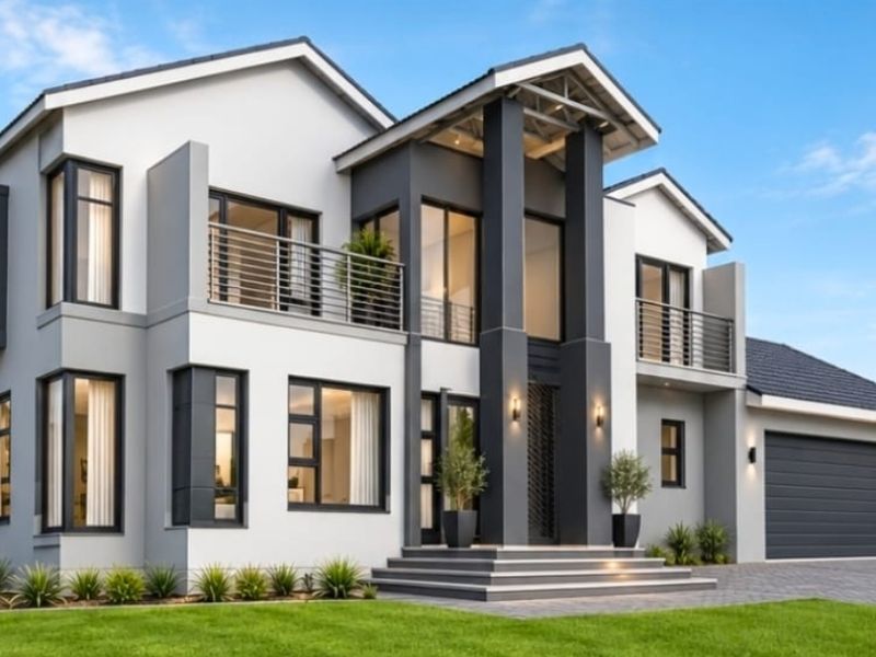 A modern double-story residential home featuring a contemporary facade, double garage, and upper-level balconies with clean architectural lines.