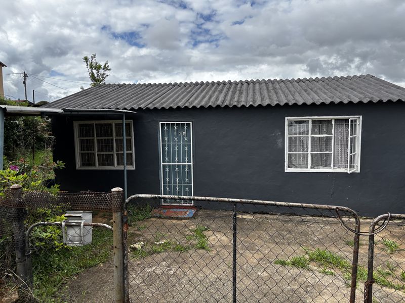 Front exterior view of a townhouse featuring a dark painted facade, corrugated roof, security gates, and a fenced concrete driveway area.