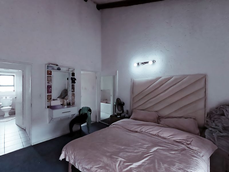 Spacious bedroom featuring a vaulted ceiling, wall-mounted vanity, and direct access to an en-suite bathroom.