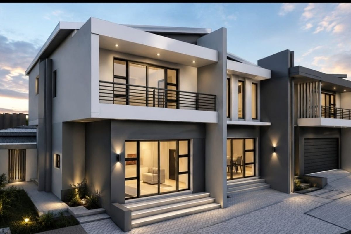 Modern double-story residential facade featuring clean architectural lines, large sliding glass doors, a private balcony, and integrated exterior lighting.