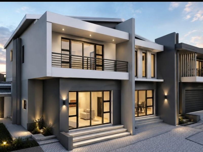 Modern double-story residential facade featuring clean architectural lines, large sliding glass doors, a private balcony, and integrated exterior lighting.