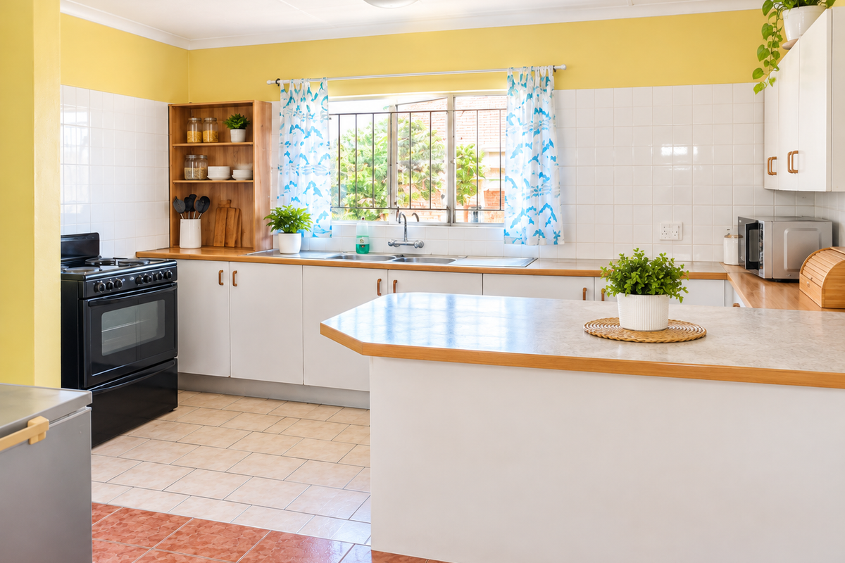 A functional kitchen featuring white cabinetry, laminate countertops, a double basin sink, and a freestanding stove with a tiled backsplash.