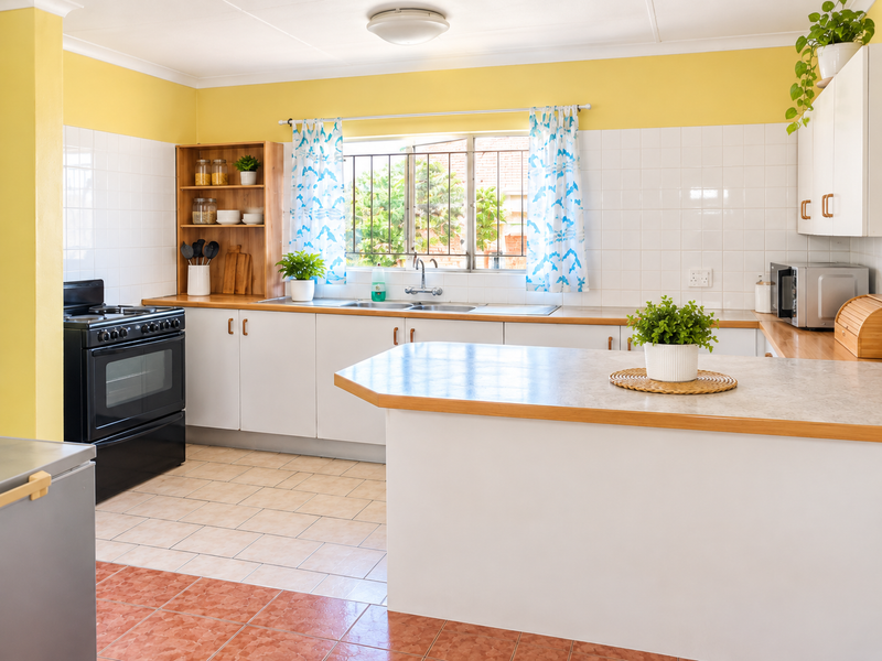 A functional kitchen featuring white cabinetry, laminate countertops, a double basin sink, and a freestanding stove with a tiled backsplash.