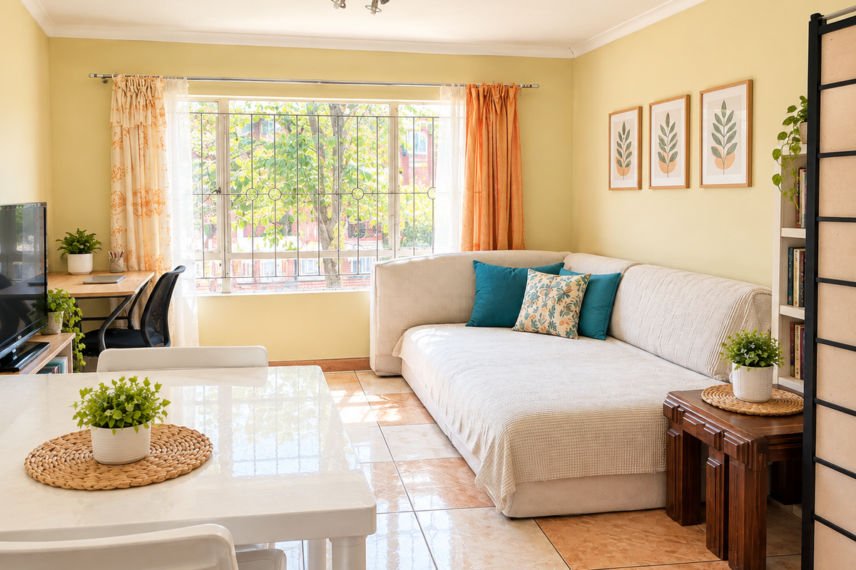 A bright living room featuring tiled flooring, a large window with security bars, and built-in shelving, offering a comfortable and functional living space.