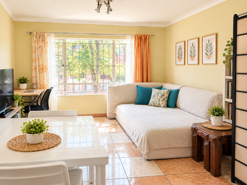 A bright living room featuring tiled flooring, a large window with security bars, and built-in shelving, offering a comfortable and functional living space.