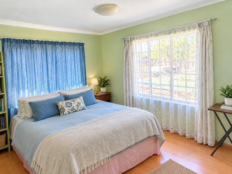 A bright bedroom featuring laminate flooring, large windows with security bars, and neutral green walls, offering a comfortable and functional living space.
