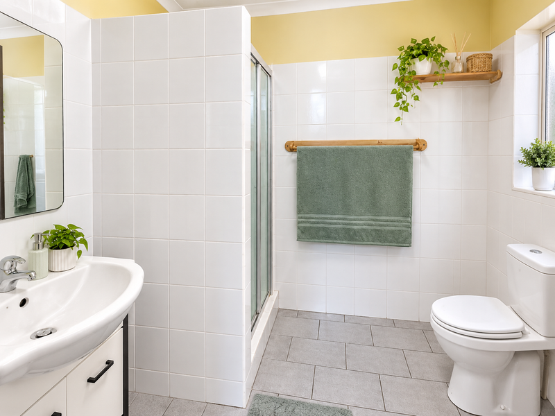 A clean and functional bathroom featuring a vanity basin, a glass-enclosed shower, and a standard toilet with white wall tiles and grey floor tiles.