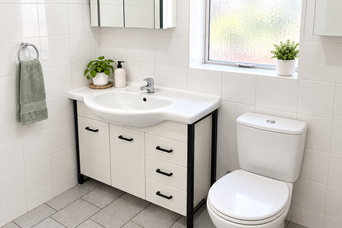 A clean and well-maintained bathroom featuring a modern vanity unit, ceramic basin, chrome fixtures, and a private obscured glass window.
