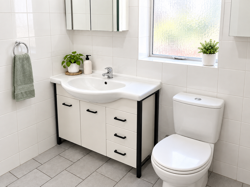 A clean and well-maintained bathroom featuring a modern vanity unit, ceramic basin, chrome fixtures, and a private obscured glass window.