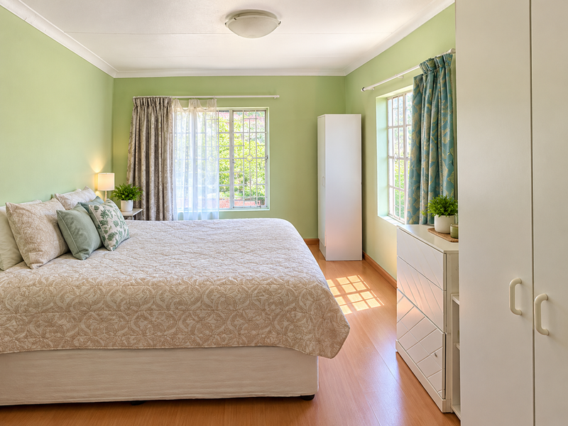 A bright bedroom featuring laminate flooring, built-in wardrobes, and windows fitted with security bars, offering a functional and well-lit living space.