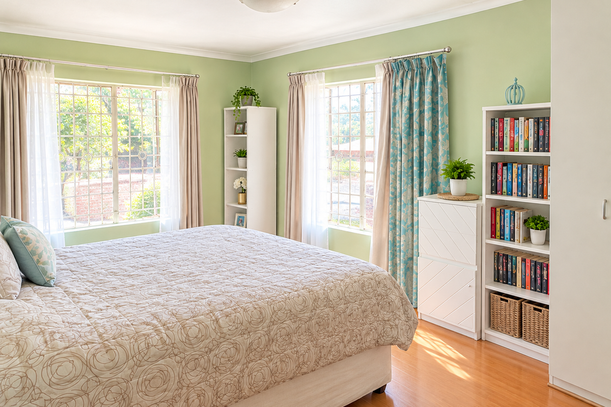 A bright and well-maintained bedroom featuring laminate flooring, built-in wardrobe storage, and large windows fitted with security bars.