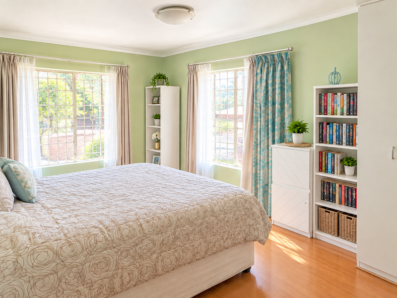 A bright and well-maintained bedroom featuring laminate flooring, built-in wardrobe storage, and large windows fitted with security bars.