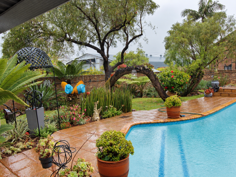 A well-maintained outdoor pool area featuring a tiled surround, established garden landscaping, and a brick boundary wall.