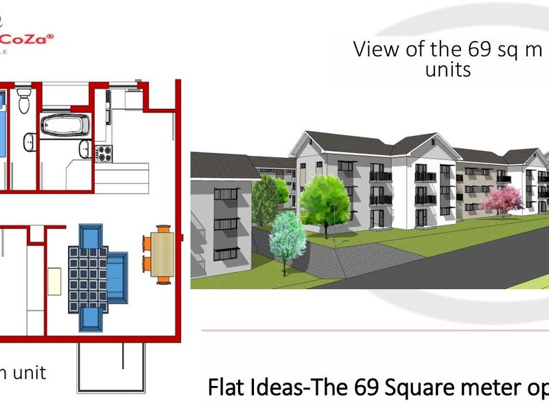 A promotional graphic showing the floor plan and architectural rendering for a 69 square meter residential unit.