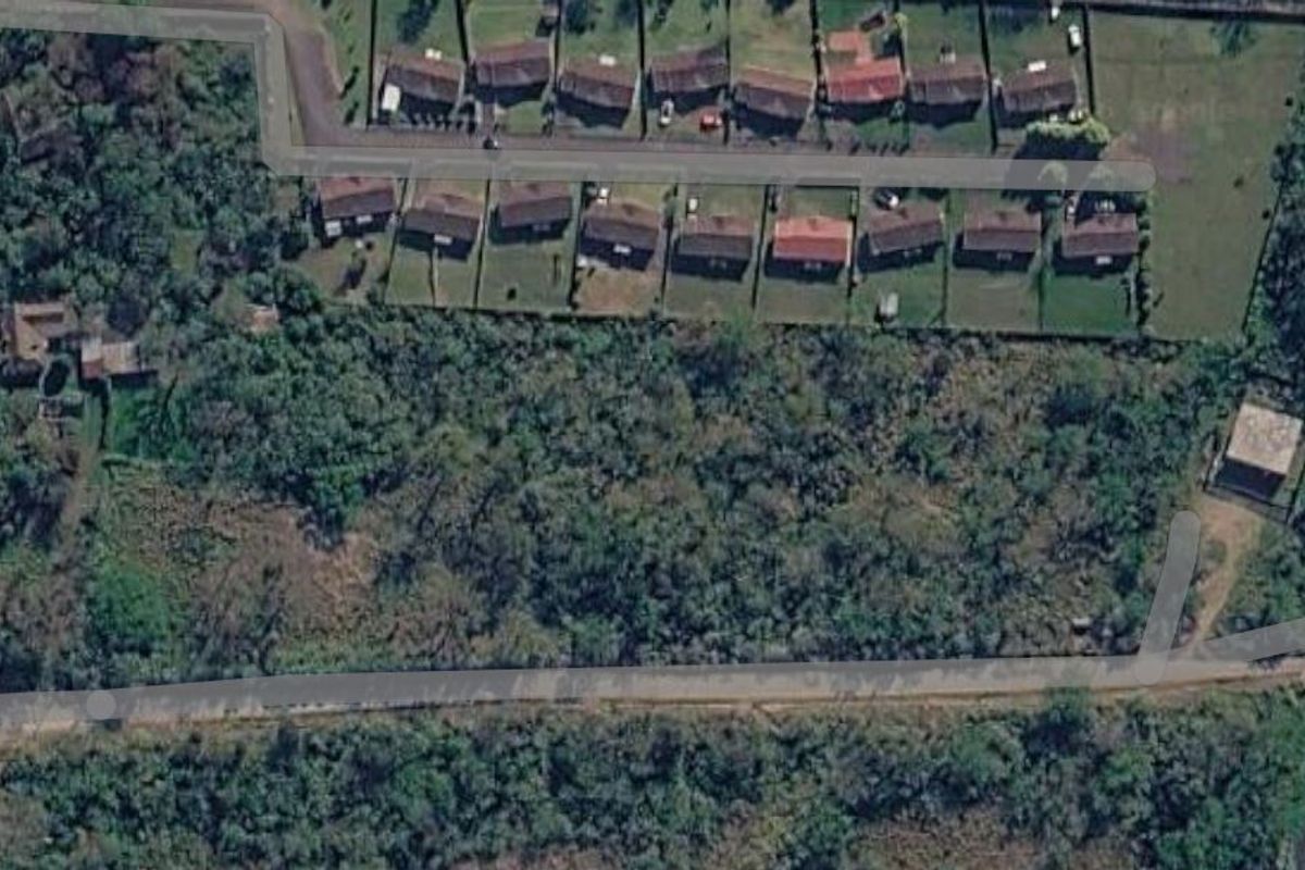 Aerial view of a vacant residential land plot featuring dense vegetation and proximity to local road infrastructure.