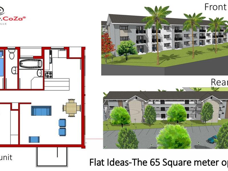 A conceptual floor plan and architectural rendering for a 65 square meter residential unit, showcasing both front and rear exterior elevations.