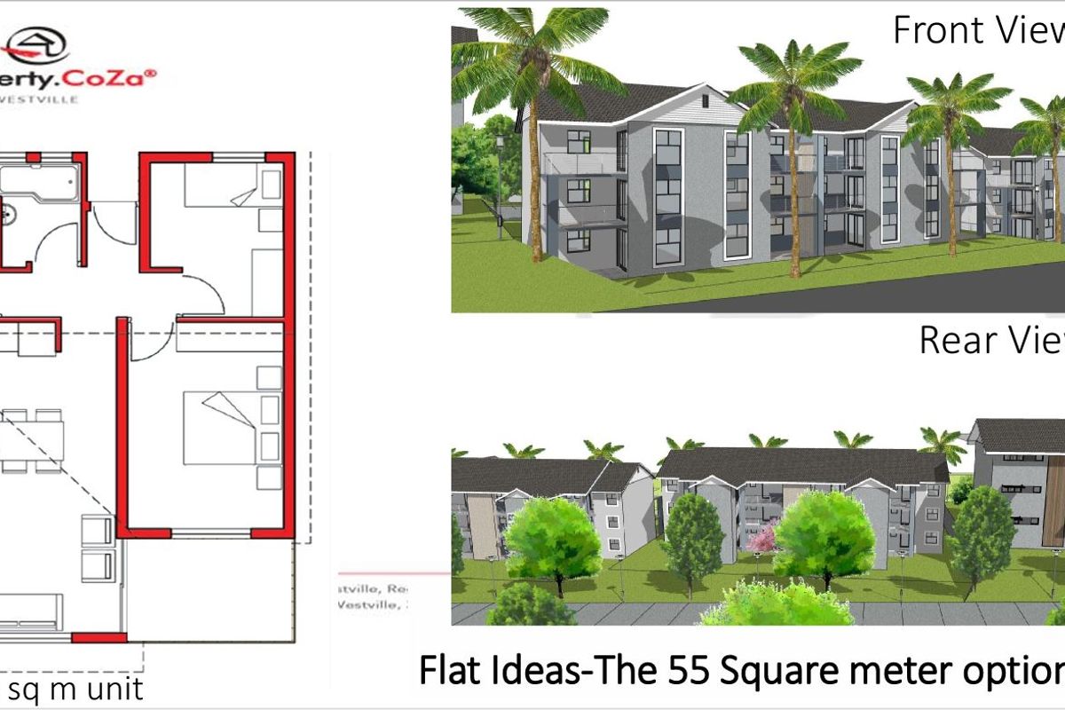 A promotional graphic displaying a floor plan and architectural renderings for a 55 square meter residential unit.