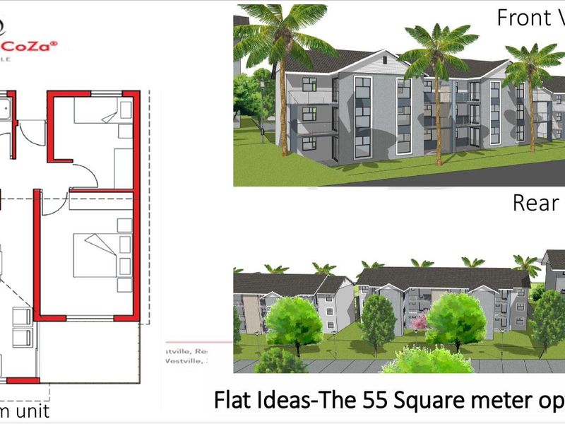 A promotional graphic displaying a floor plan and architectural renderings for a 55 square meter residential unit.
