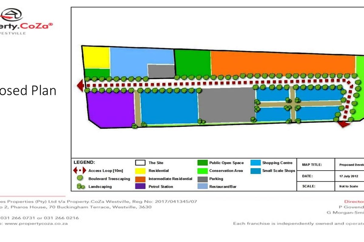A proposed development site plan illustrating residential, commercial, and public open space zoning for the property.