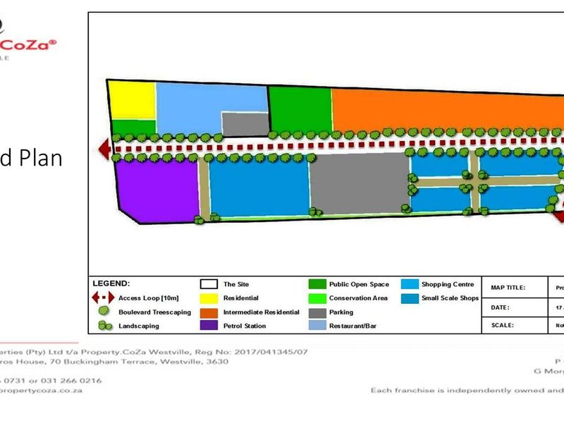 A proposed development site plan illustrating residential, commercial, and public open space zoning for the property.