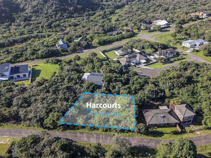 Aerial view of a vacant residential plot surrounded by established trees and neighboring properties in a quiet estate setting.