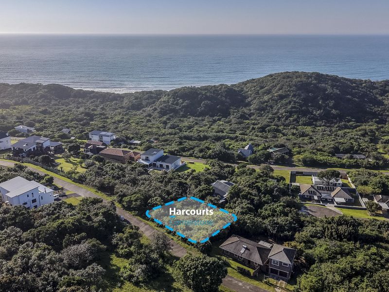 An aerial view of a vacant residential plot situated in a coastal estate, surrounded by lush indigenous vegetation with ocean views.