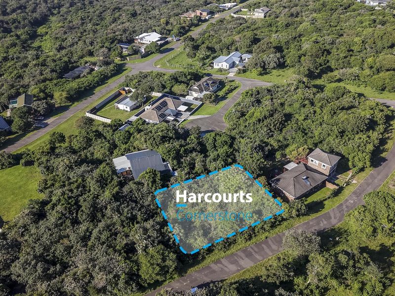 An aerial view of a vacant residential plot surrounded by lush coastal vegetation and established neighborhood infrastructure.