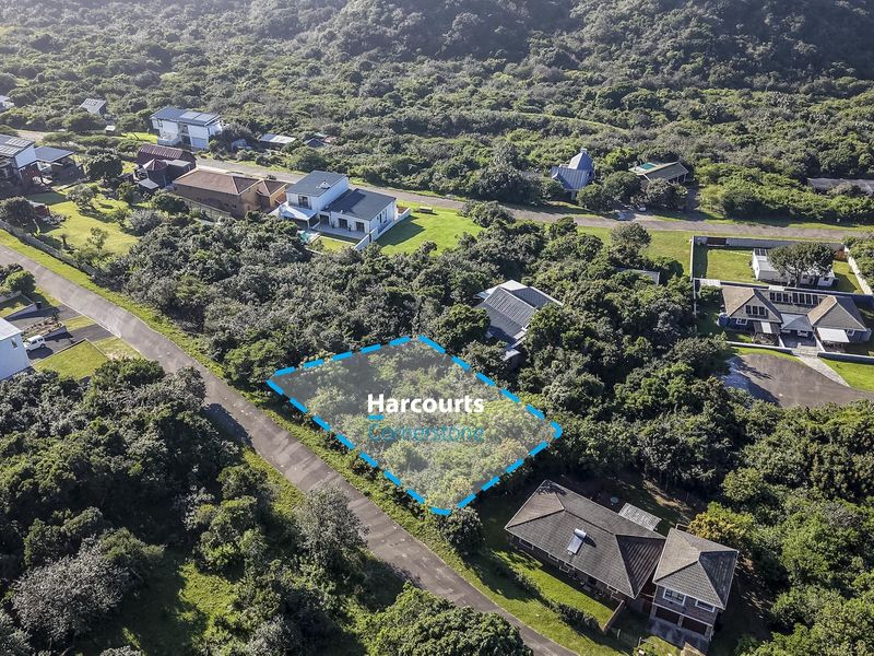 An aerial view of a vacant residential plot surrounded by established coastal vegetation and neighboring properties in a quiet residential area.