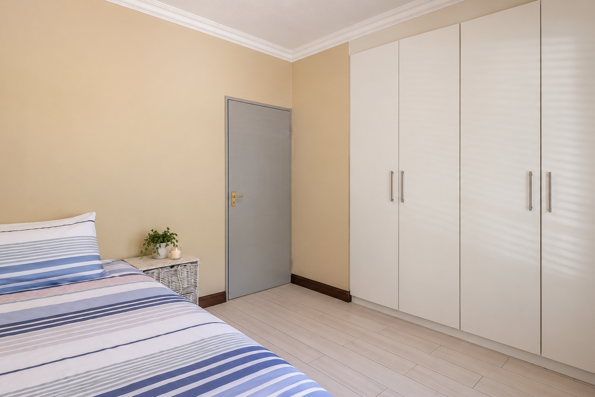 A well-maintained bedroom featuring light laminate flooring, neutral wall tones, and ample built-in cupboard storage with modern finishes.