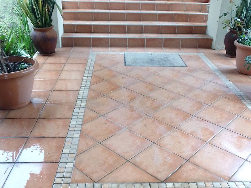 A covered entrance area featuring a tiled patio with a decorative mosaic border and a wide set of tiled stairs leading to the front door.
