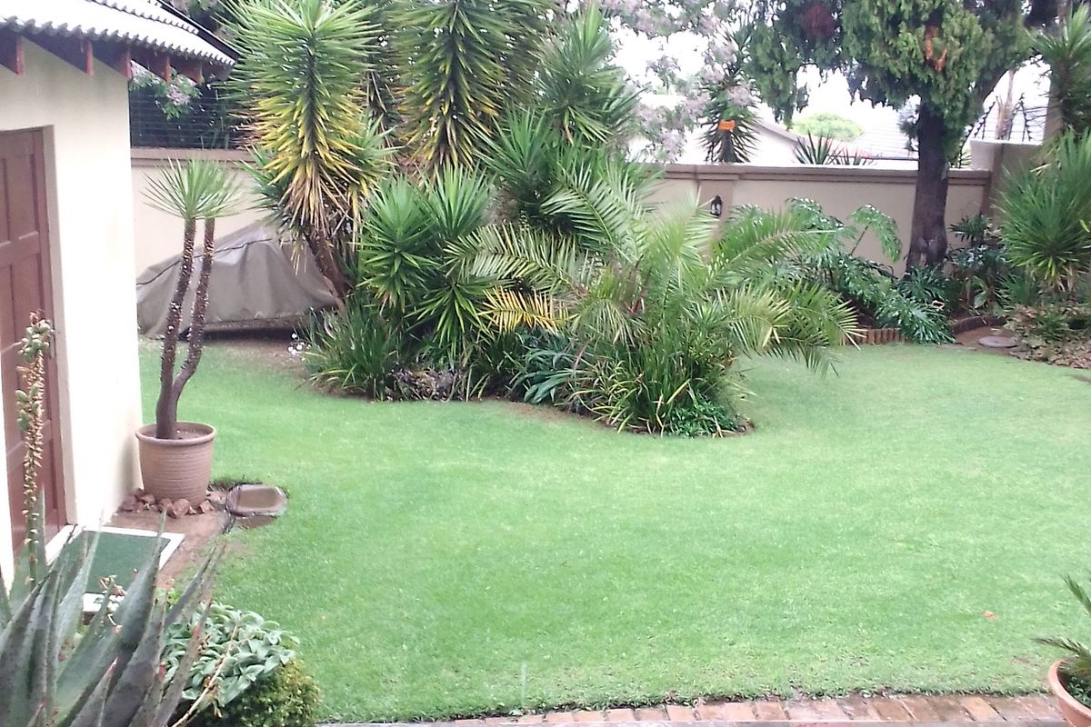 A well-maintained rear garden featuring a paved patio area, lush green lawn, and established perimeter landscaping with a boundary wall.