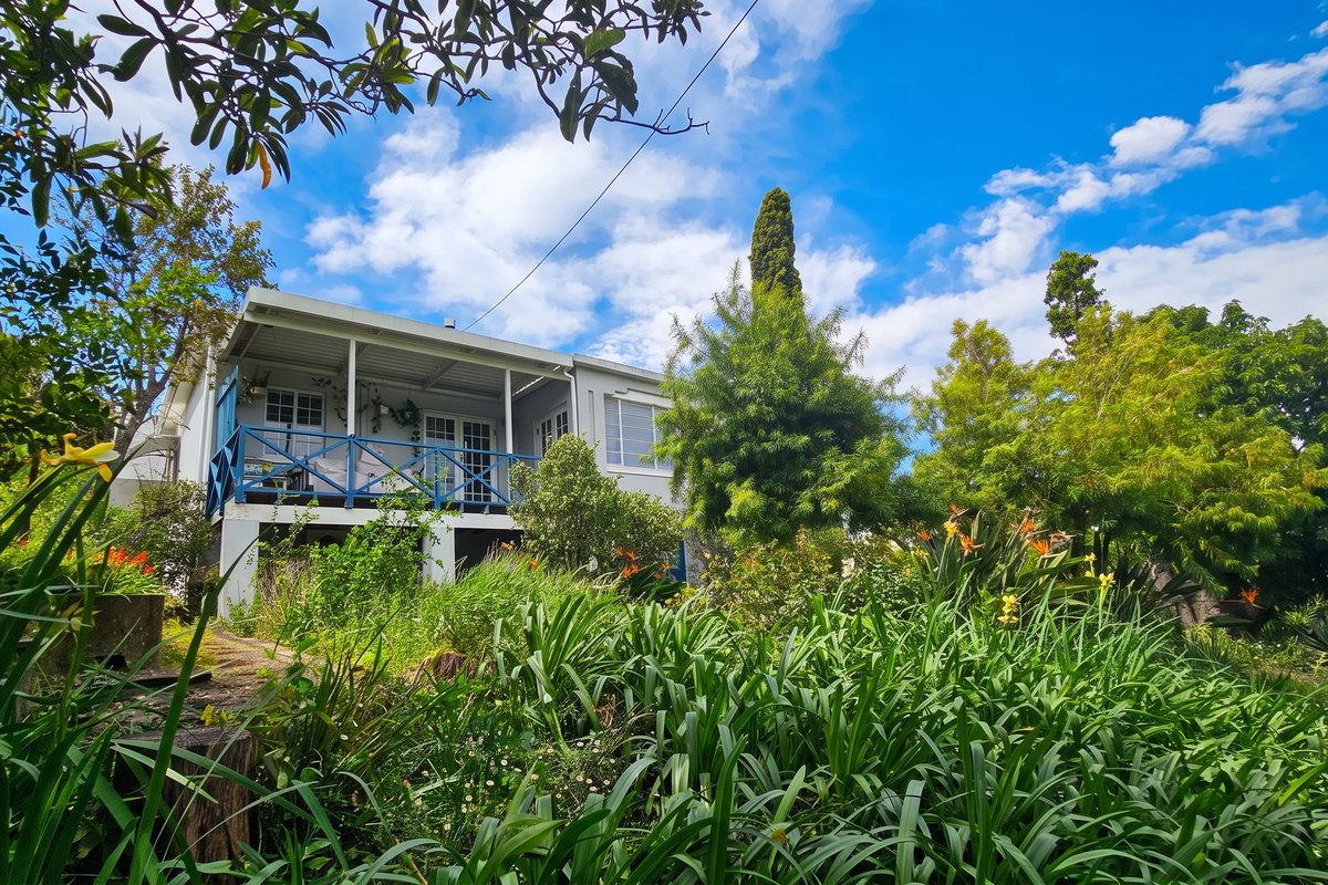 Rear view of the property featuring a covered patio with a blue balustrade, set within a lush, established garden.