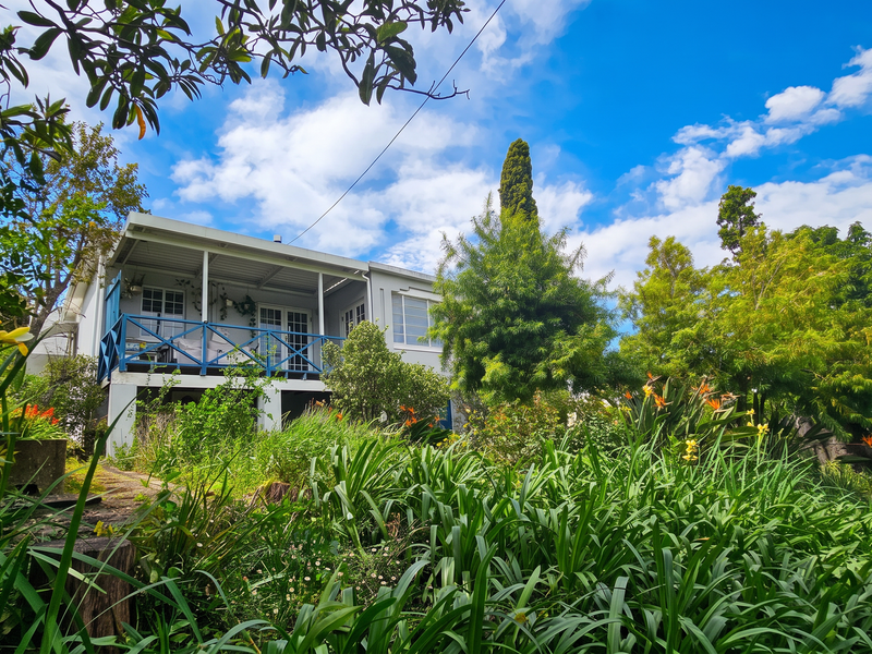 Rear view of the property featuring a covered patio with a blue balustrade, set within a lush, established garden.