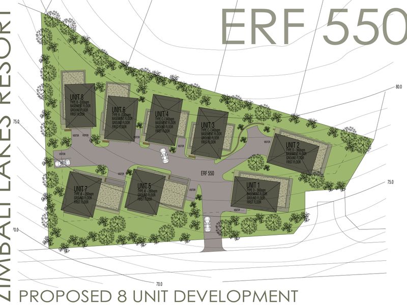 Architectural site plan for a proposed 8-unit townhouse development at Zimbali Lakes Resort, showing unit placement, driveways, and landscaping.