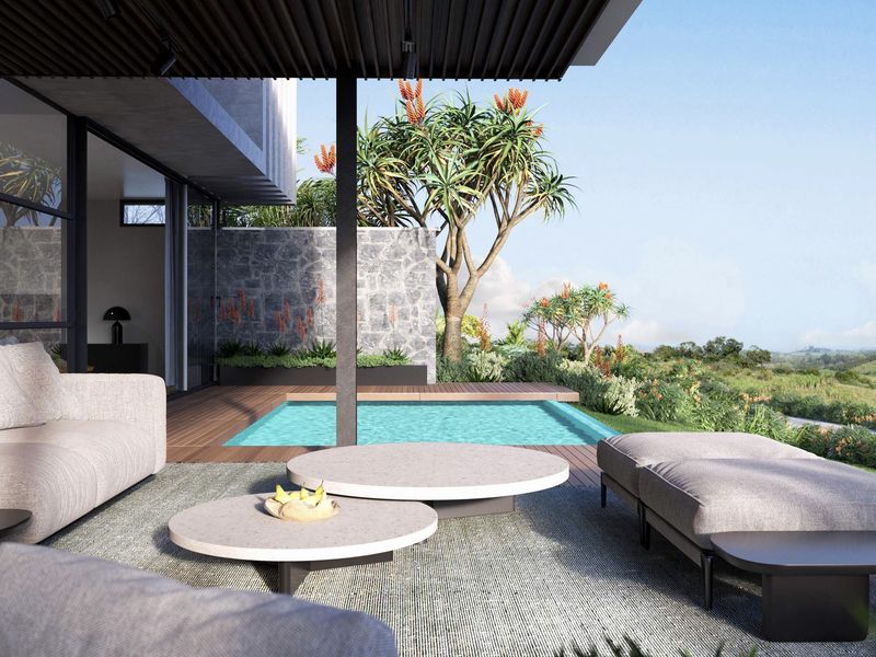 A modern covered patio featuring timber decking, a private plunge pool, and a stone feature wall, overlooking a scenic landscape.