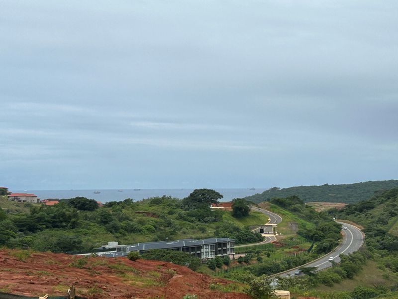 Elevated landscape view overlooking the surrounding estate, winding access roads, and distant ocean horizon.
