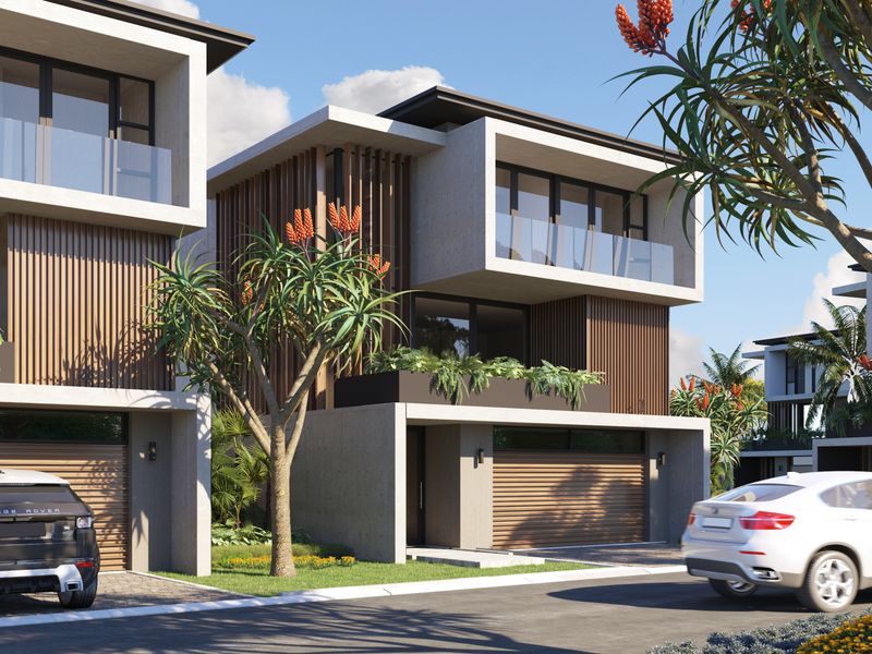 Modern townhouse exterior featuring contemporary concrete and timber architectural design with integrated double garages and private balconies.