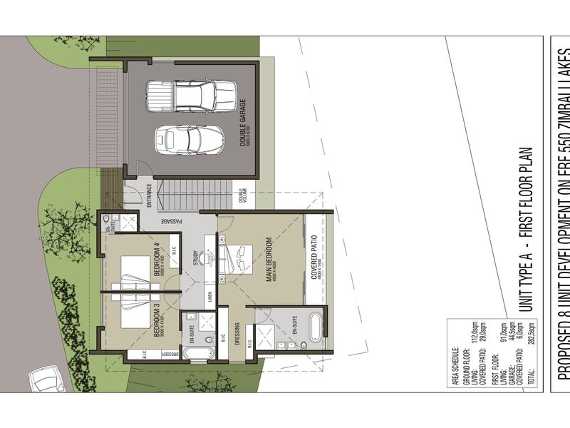 Architectural first floor plan for Unit Type A at Zimbali Lakes, featuring three bedrooms with en-suites, a study, and a double garage.