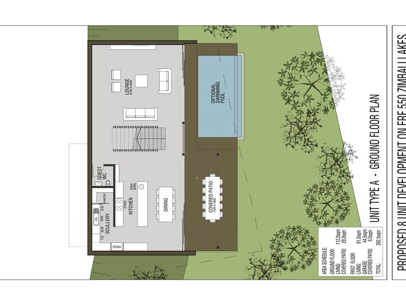 Architectural ground floor plan for Unit Type A at Zimbali Lakes, featuring an open-plan living area, kitchen with scullery, and optional swimming pool.