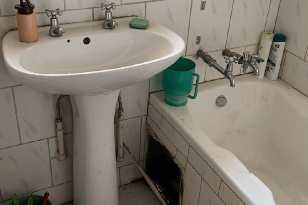 A bathroom featuring a pedestal basin and bathtub with tiled finishes, currently requiring maintenance and repair to the bath panel and tiling.